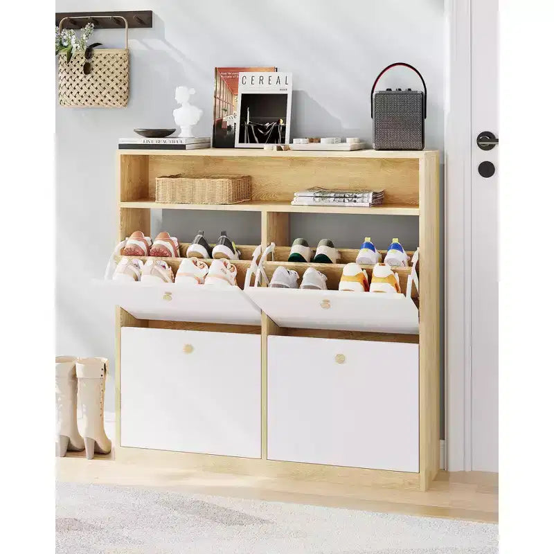 4-Door Shoe Cabinet - White Slim Wooden Storage Organizer with Open Top Shelf for Entryway/Hallway/Bedroom (1-Pack)