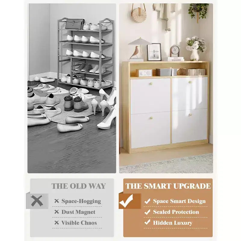 4-Door Shoe Cabinet - White Slim Wooden Storage Organizer with Open Top Shelf for Entryway/Hallway/Bedroom (1-Pack)
