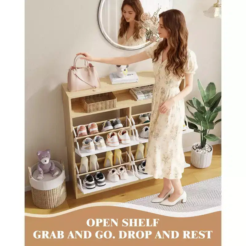 4-Door Shoe Cabinet - White Slim Wooden Storage Organizer with Open Top Shelf for Entryway/Hallway/Bedroom (1-Pack)
