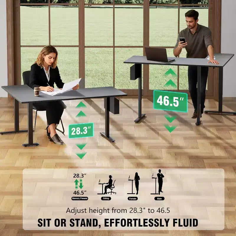 63 Inch L Shaped Electric Standing Desk Sit to Stand Reversible Corner Desk Adjustable Height Computer Table Memory Presets Home Office Gaming Black