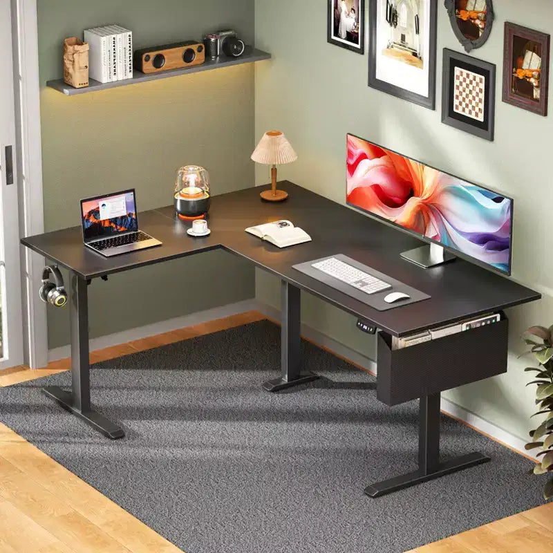63 Inch L Shaped Electric Standing Desk Sit to Stand Reversible Corner Desk Adjustable Height Computer Table Memory Presets Home Office Gaming Black