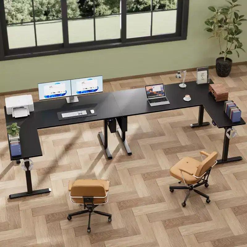 63 Inch L Shaped Electric Standing Desk Sit to Stand Reversible Corner Desk Adjustable Height Computer Table Memory Presets Home Office Gaming Black