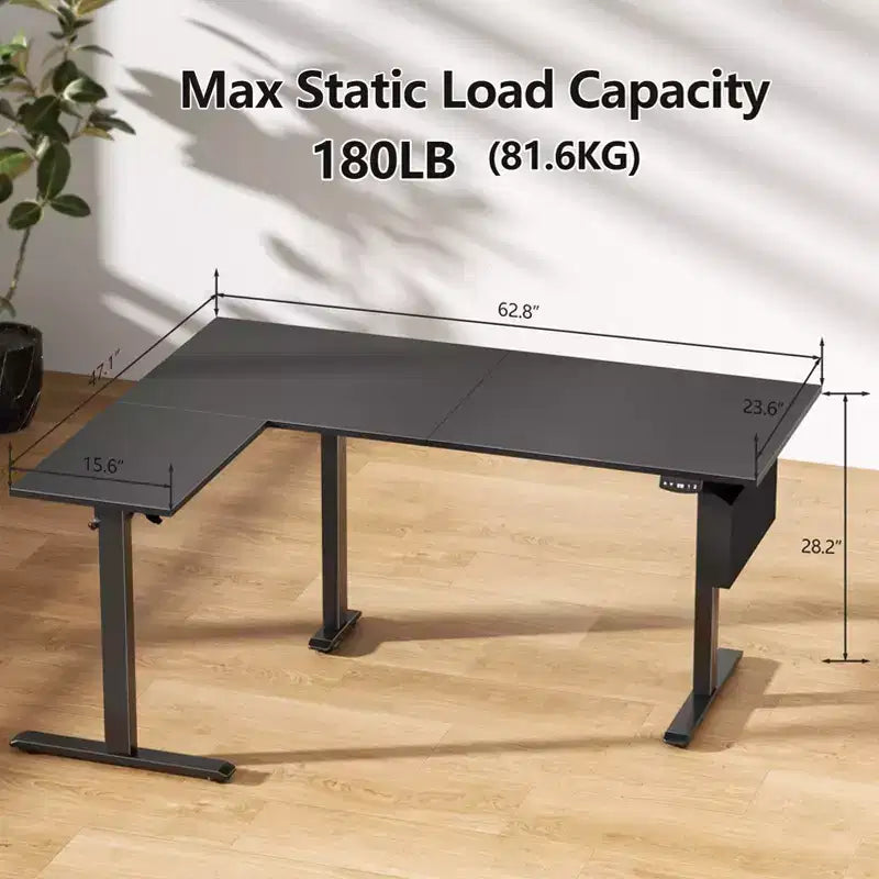63 Inch L Shaped Electric Standing Desk Sit to Stand Reversible Corner Desk Adjustable Height Computer Table Memory Presets Home Office Gaming Black