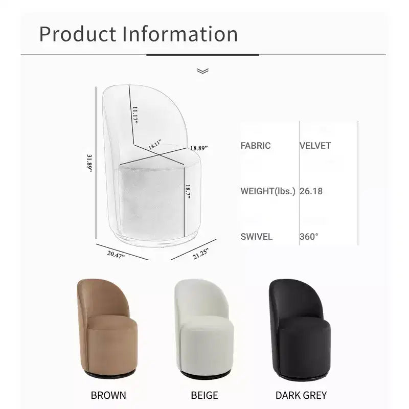 FurnitureR Beige Velvet Swivel Dining Chair, 360 Rotating Upholstered Accent Chair with Curved Back, Modern Armless Kitchen or Vanity Chair