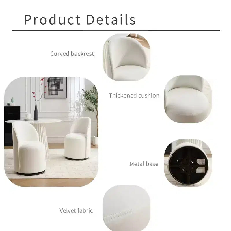 FurnitureR Beige Velvet Swivel Dining Chair, 360 Rotating Upholstered Accent Chair with Curved Back, Modern Armless Kitchen or Vanity Chair