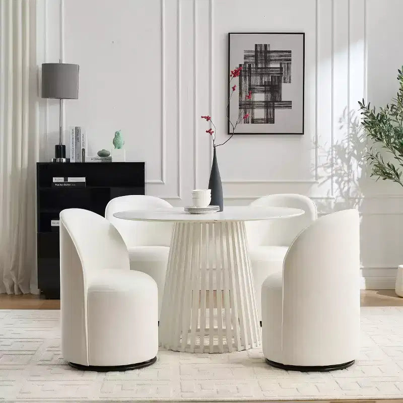 FurnitureR Beige Velvet Swivel Dining Chair, 360 Rotating Upholstered Accent Chair with Curved Back, Modern Armless Kitchen or Vanity Chair