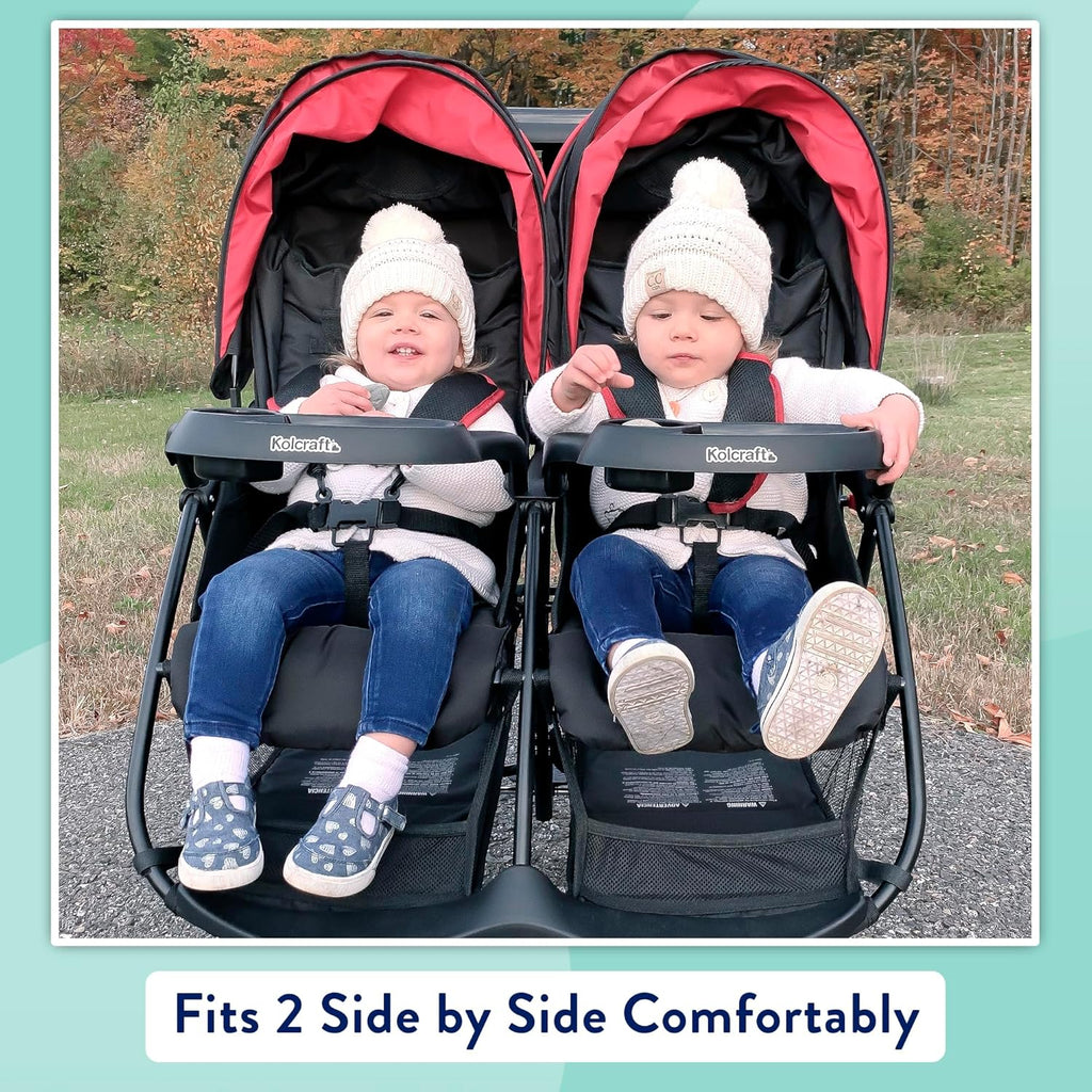 Kolcraft Cloud Plus Double Stroller Side by Side for Baby and Toddler, Compact and Travel Friendly, Reclining Seats, Child &amp; Parent Trays, Large Storage, Extendable Canopies, Collapsible Red/Black