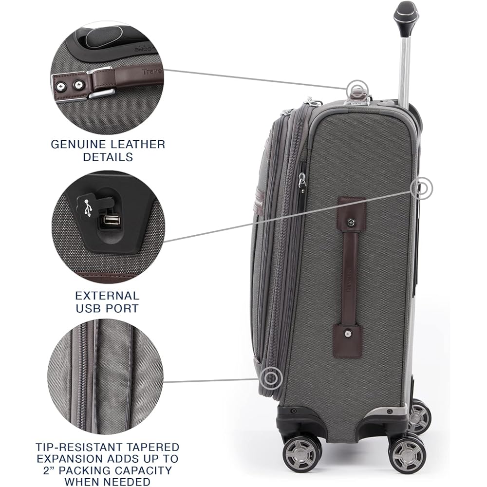| Travelpro Platinum Elite Softside Expandable Carry on Luggage, 8 Wheel Spinner Suitcase, USB Port, Suiter, Men and Women, Vintage Grey, Carry On 21-Inch | Suitcases