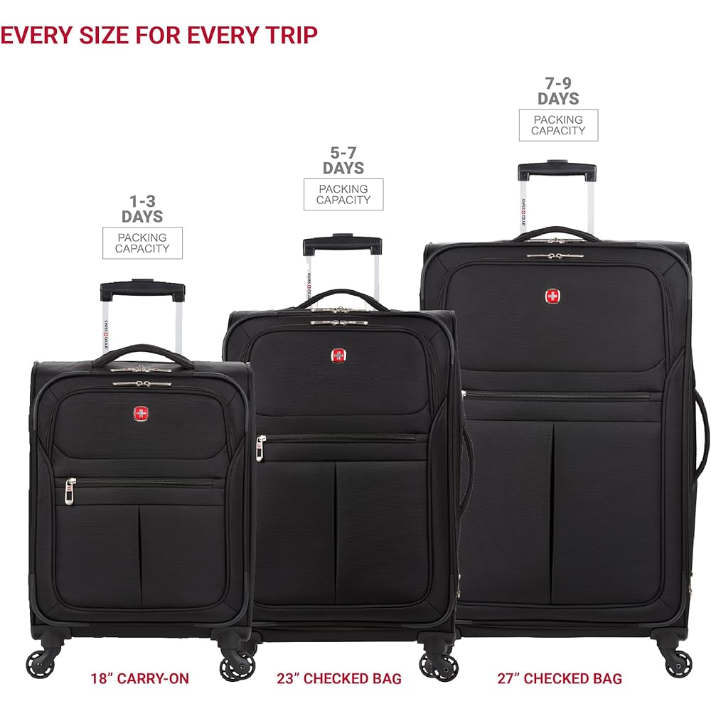 | SwissGear 4010 Softside Luggage with Spinner Wheels, Black, 3-Piece Set (18/23/27) | Suitcases