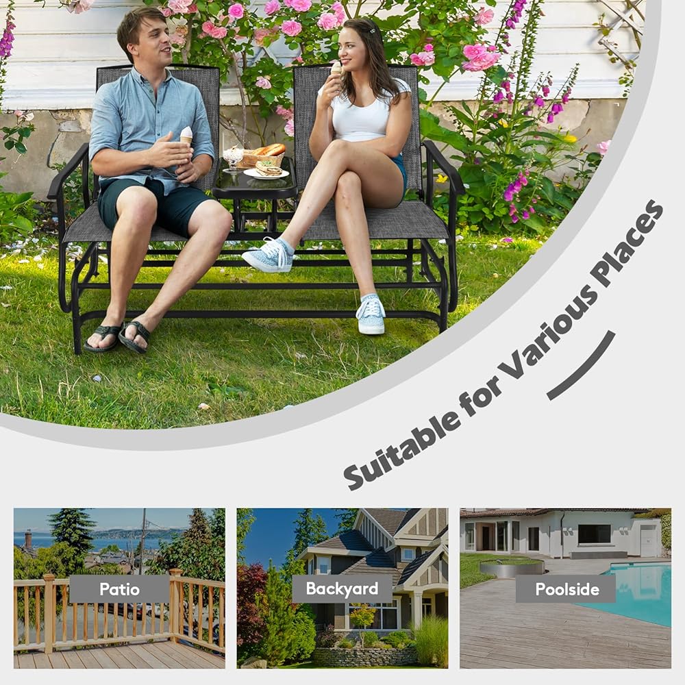 FANTASK 2 Person Outdoor Glider Bench w/Tempered Glass Table, Swing Patio Glider Chair with Steel Frame &amp; Breathable Seat, Double Rocking Chair for Porch, Poolside, Patio, Garden (Grey)