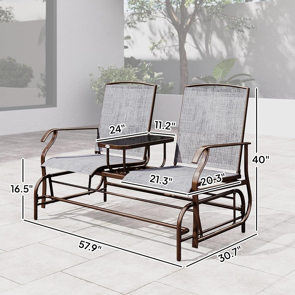 Outsunny Outdoor Glider Bench with Center Table, Metal Frame Patio Loveseat with Breathable Mesh Fabric and Armrests for Backyard Garden Porch, Gray