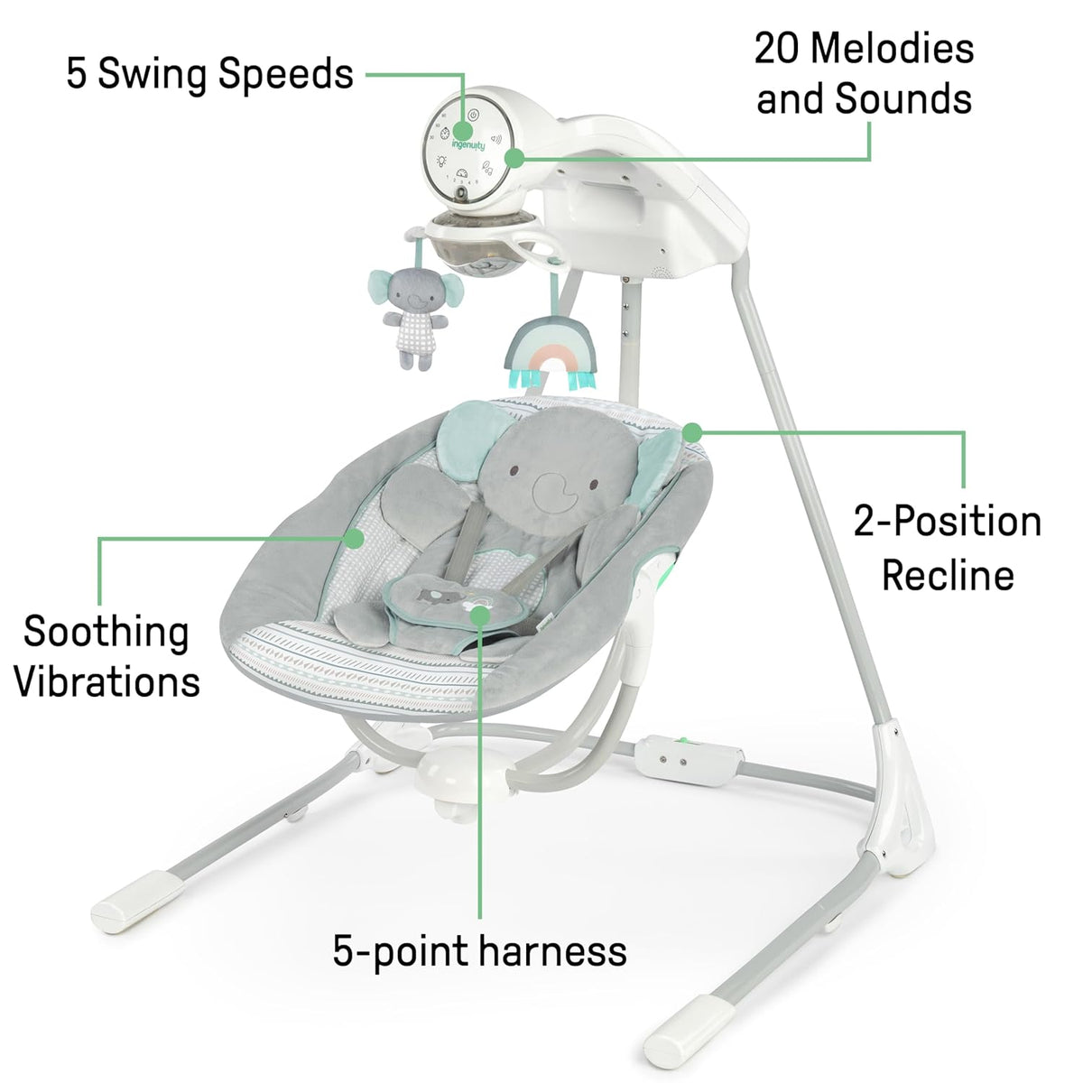 Ingenuity InLighten 5-Speed Baby Swing Swivel Infant Seat, 5 Point Safety Harness, Nature Sounds, Lights Van Elephant