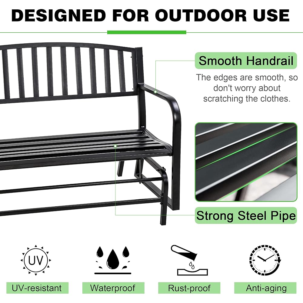 Metal Outdoor Glider Bench Waterproof Patio Glider Bench Porch Glider Swing Rocking Chair Glider with Powder Coated Frame for Garden Porch Balcony Backyard Lawn