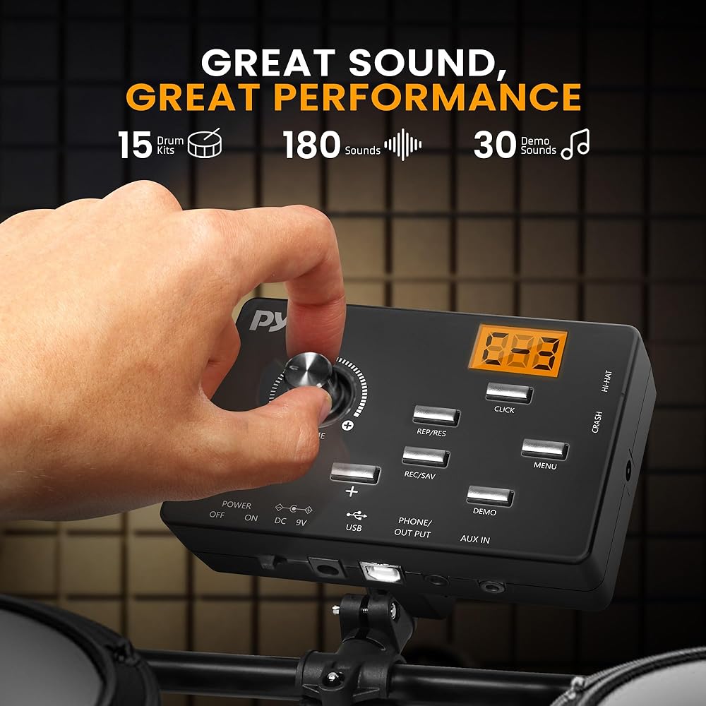 Pyle Electronic Drum Set with 4 Quiet Mesh Pads, 180 Sound Styles, 3 Cymbals, 2 Pedals, Throne, Headphones, Sticks, AUX, USB MIDI, Electric Drum Kit for Beginners Students Professionals