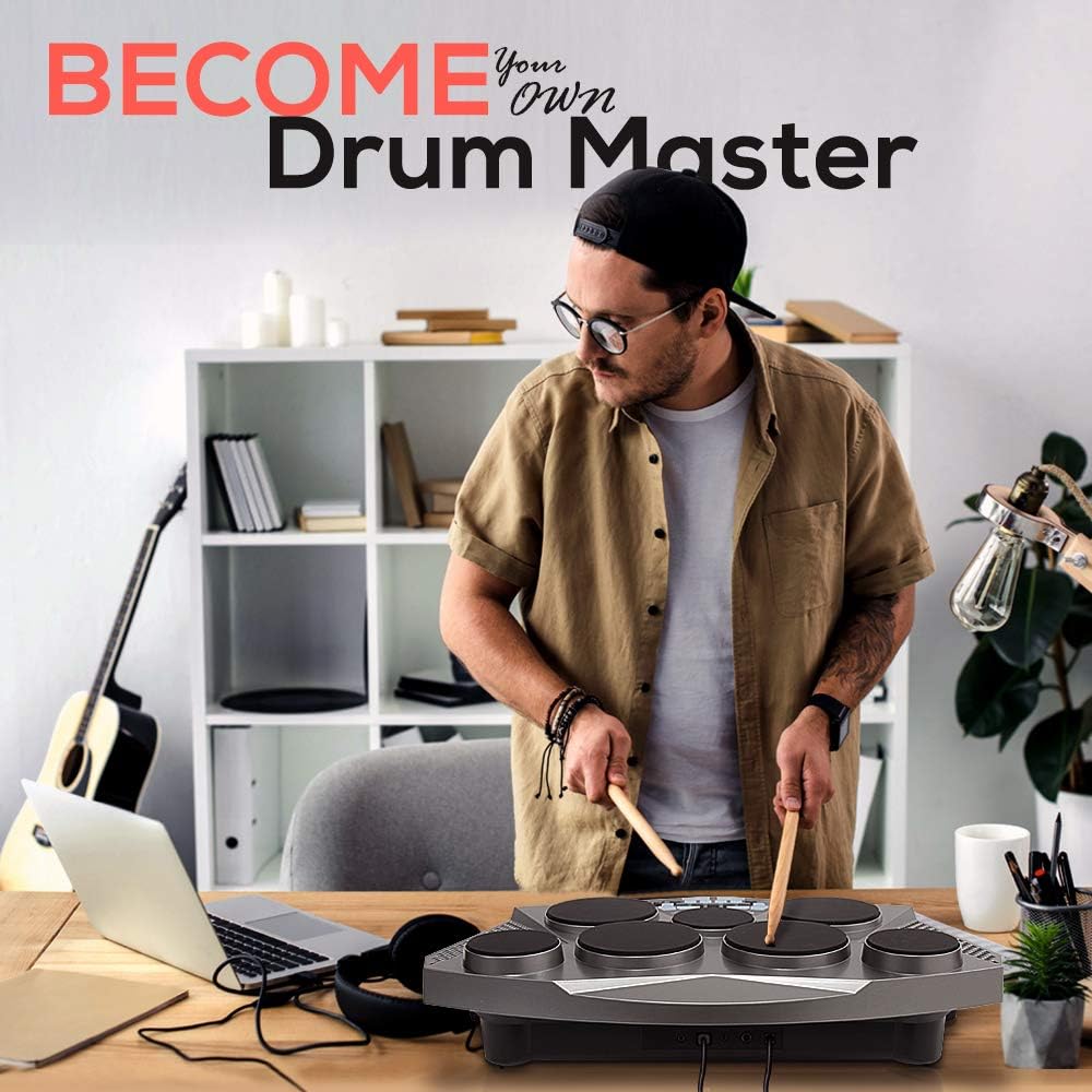 Pyle Pro Electronic Drum kit Portable Electric Tabletop Drum Set Machine with Digital Panel, 7 Drum Pad, Hi-Hat / Kick Bass Pedal Controller USB AUXTom Toms, Hi-Hat, Snare Drums, Cymbals PTED06