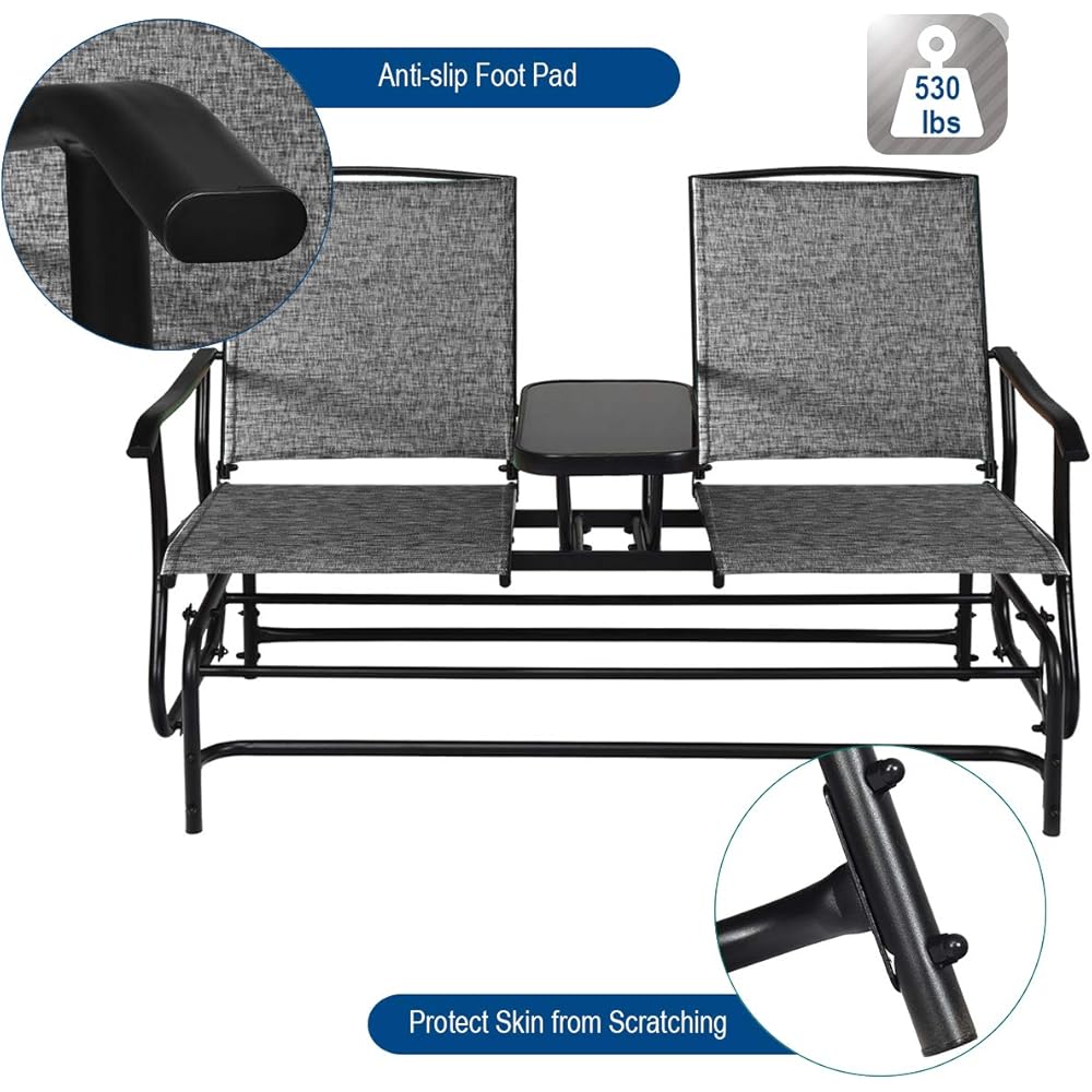 Giantex Patio Bench Glider Chair with Metal Frame, Center Tempered Glass Table, Outside Double Rocking Swing Loveseat for Porch, Garden, Poolside, Balcony, Lawn Rocker Outdoor Glider Bench(Gray)