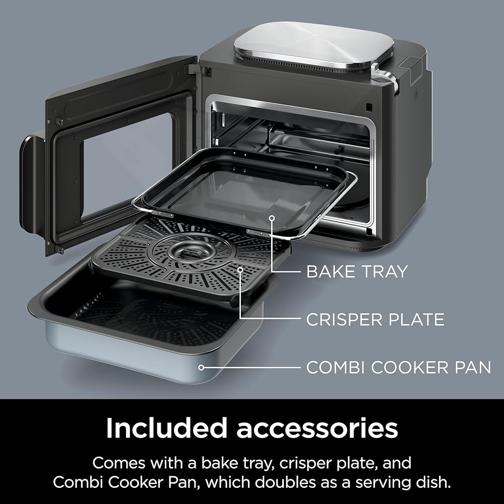 Ninja Combi All-in-One Multicooker, Oven, &amp; Air Fryer, Complete Meals in 15 Mins, 14-in-1 Functions, Combi Cooker + Air Fry, Bake, Roast, Slow Cook and More, 3 Accessories, Stainless Steel, SFP701