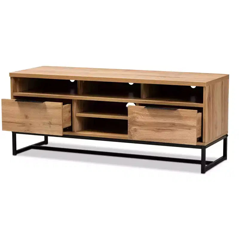 Reid Wood and Metal 2 Drawer TV Stand for TVs up to 45" Dark Brown - Baxton Studio: Entertainment Center with Storage