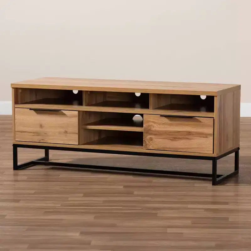 Reid Wood and Metal 2 Drawer TV Stand for TVs up to 45" Dark Brown - Baxton Studio: Entertainment Center with Storage