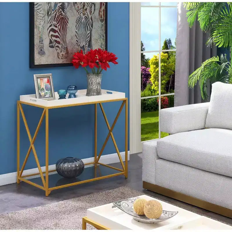St Andrews Console Table White/Gold - Breighton Home: Modern Glass Top, Metal Frame, Entryway Furniture