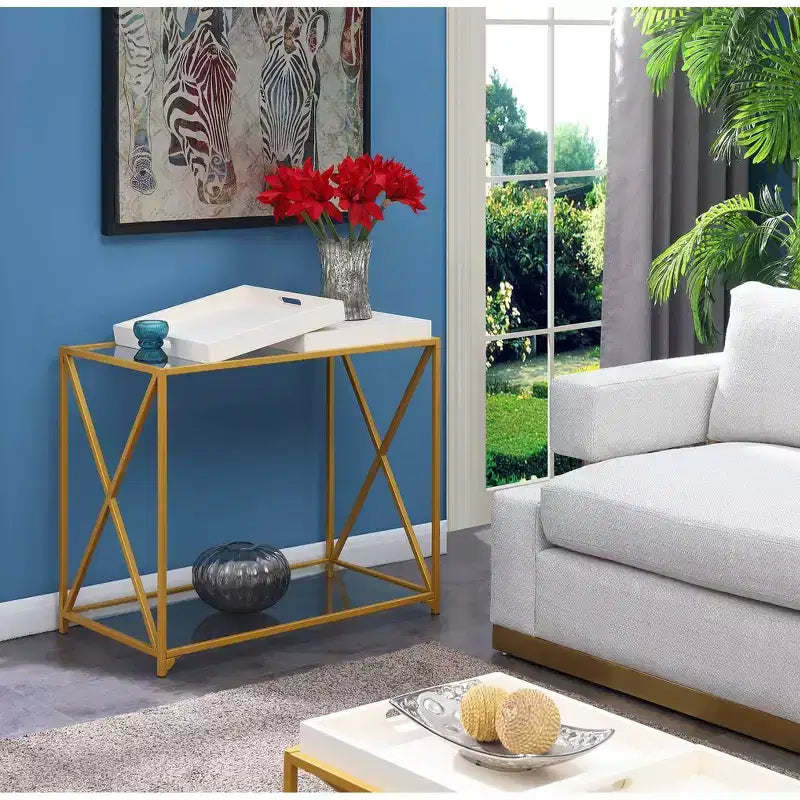 St Andrews Console Table White/Gold - Breighton Home: Modern Glass Top, Metal Frame, Entryway Furniture