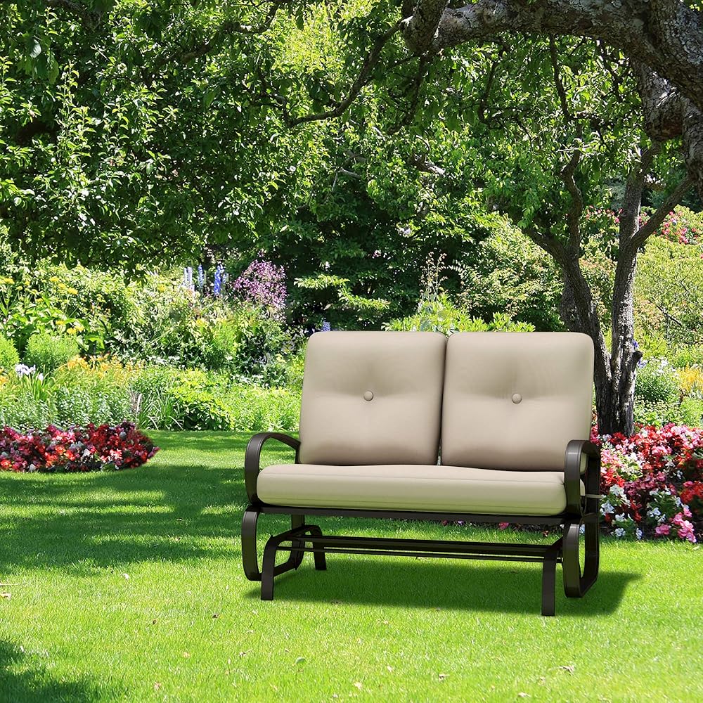 Giantex Outdoor Glider Bench, Patio 2 Person Loveseat with Removable Cushion, Thick Padded Seat, Stable Steel Frame, Outside Glider Swing Chair for Deck, Poolside, Yard, Balcony, Porch, Beige