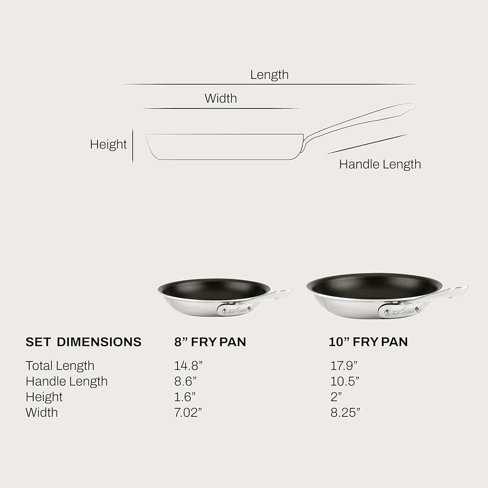 All-Clad Stainless Steel Pro Nonstick Frying Pan Set – 8 &amp; 10 Inch Skillets, Induction Compatible, Oven &amp; Broiler Safe to 500°F, Professional Cookware, Silver