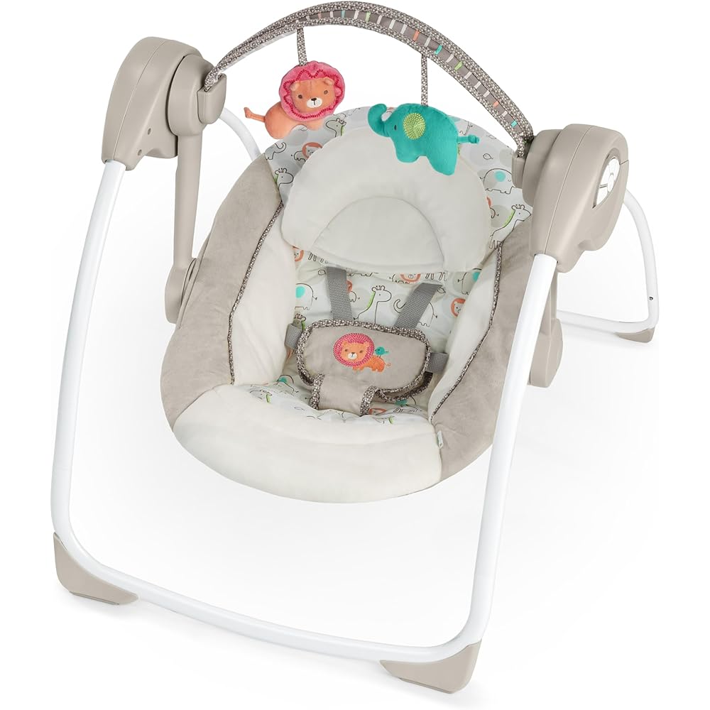 Ingenuity Soothe 'n Delight Compact Portable 6-Speed Plush Baby Swing with Music, Folds Easy, 0-9 Months 6-20 lbs (Cozy Kingdom)