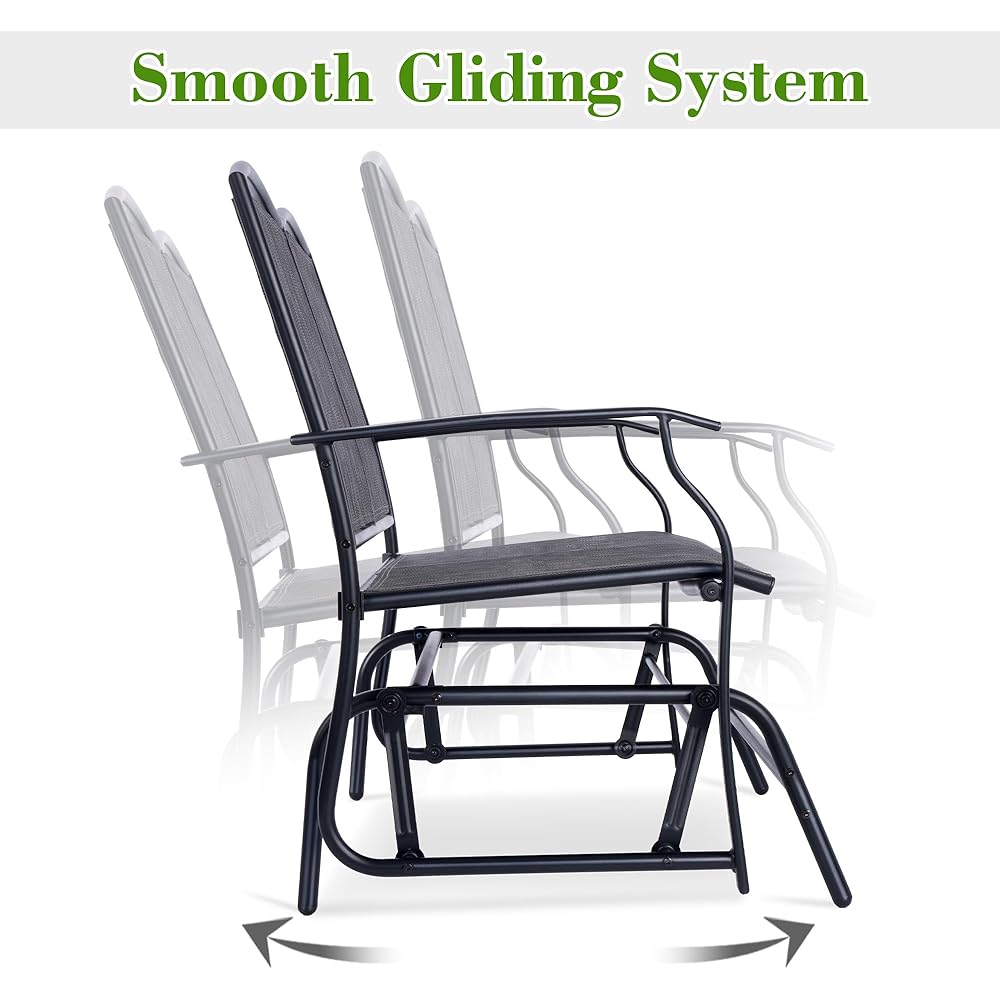 Backyard Expressions 2-Person Outdoor Glider Bench, Patio Double Swing Rocking Chair Loveseat w/Powder Coated Steel Frame for Backyard Garden Porch, Black Frame Heathered Grey Sling Fabric