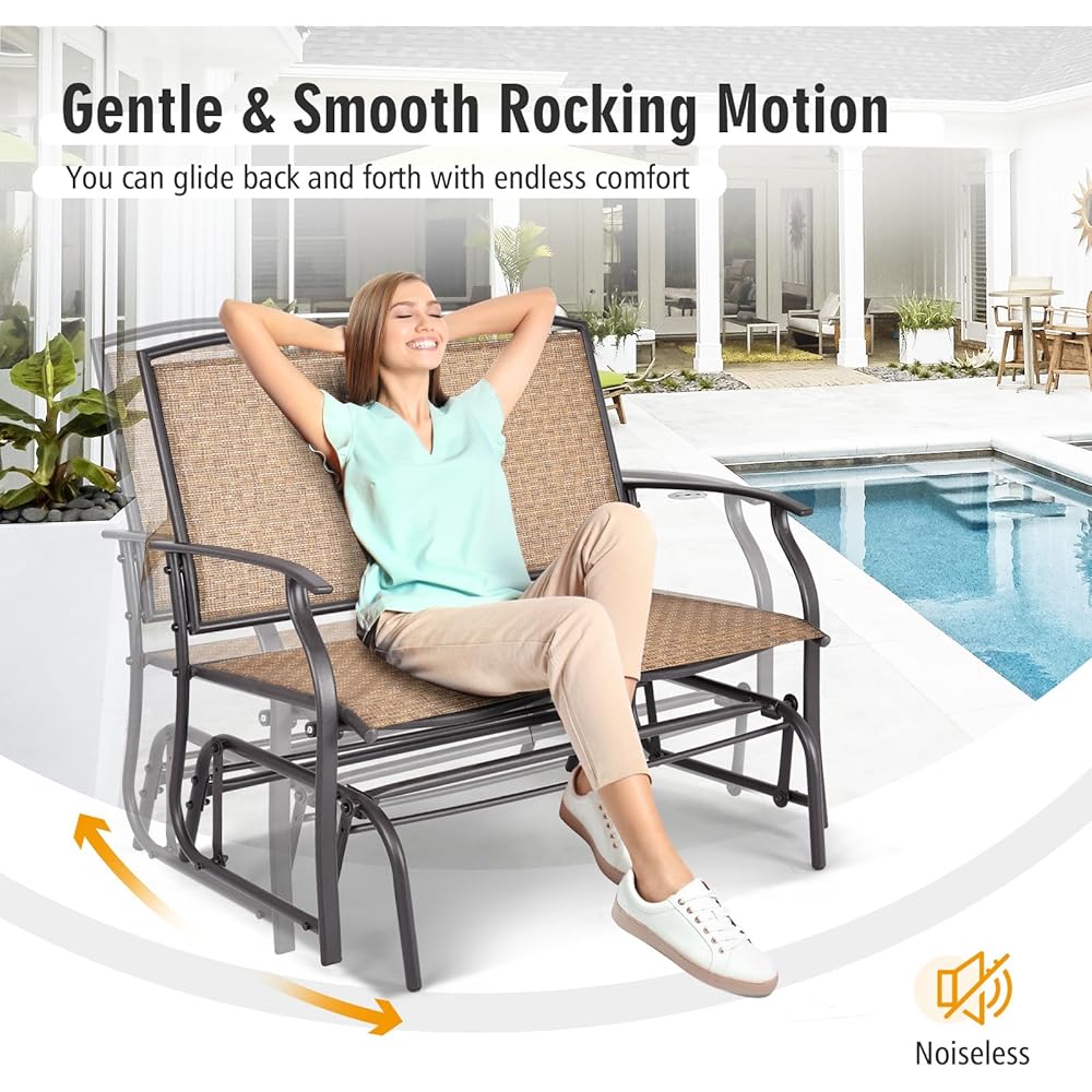 Tangkula 2-Person Patio Glider Bench, Outdoor Rocker Glider Loveseat Chair W/Heavy-Duty Steel Frame, Breathable Seat Fabric, Rocking Lounge Chair for Poolside, Garden, Backyard (Brown)