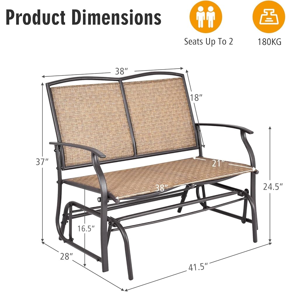 Tangkula 2-Person Patio Glider Bench, Outdoor Rocker Glider Loveseat Chair W/Heavy-Duty Steel Frame, Breathable Seat Fabric, Rocking Lounge Chair for Poolside, Garden, Backyard (Brown)