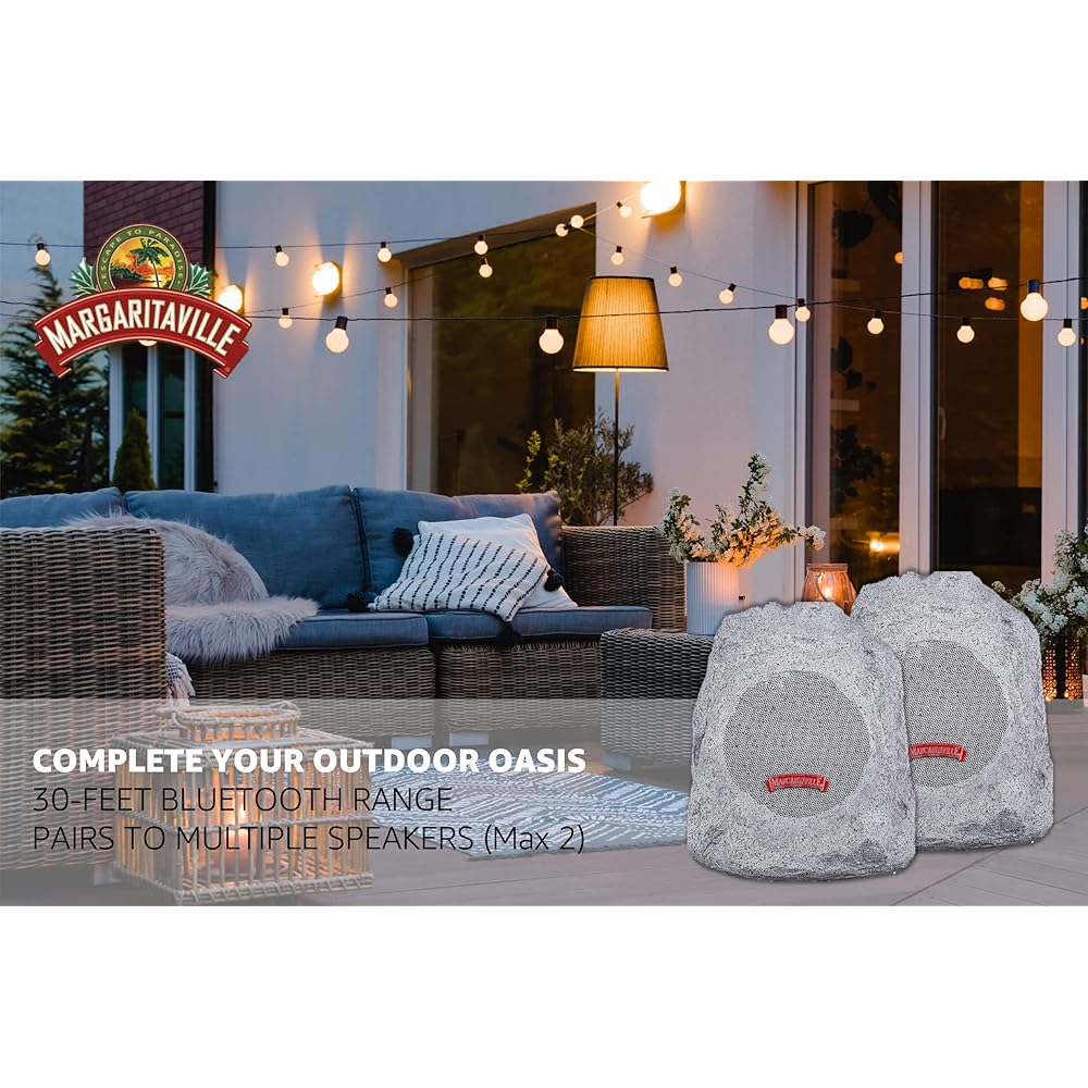 Margaritaville “On The Rock” Outdoor Bluetooth Wireless Speaker | Durable Bluetooth Speakers, Fantastic Yard or Patio Decor, IPX-4 Waterproof Rated, Granite Grey (Two Pack)