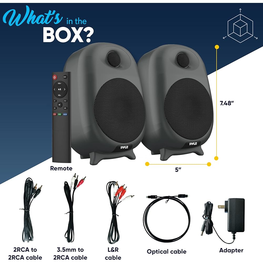 PyleUsa HiFi 60W Powered Bluetooth Bookshelf Monitor Speaker Set, Optical RCA Input, Bass/Treble Adjustable,Deep Bass, 3 Audio Mode,Studio Computer Desk Stereo System,Remote Control,Black PBKSR40