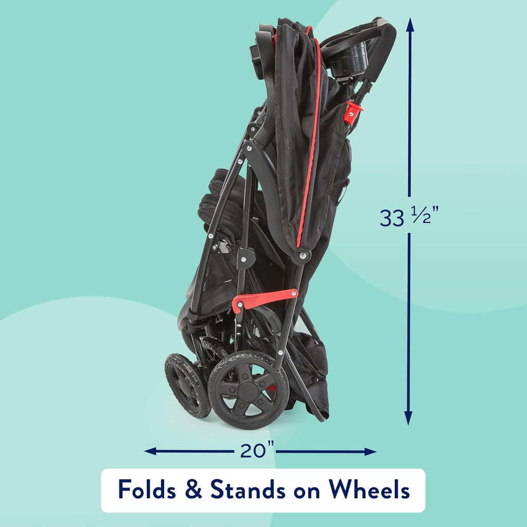 Kolcraft Cloud Plus Double Stroller Side by Side for Baby and Toddler, Compact and Travel Friendly, Reclining Seats, Child &amp; Parent Trays, Large Storage, Extendable Canopies, Collapsible Red/Black