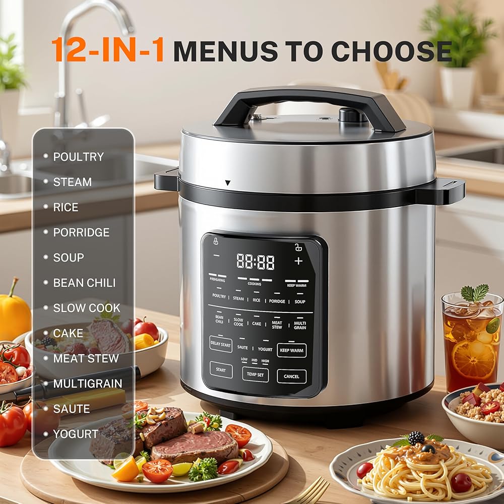 Simple Deluxe 12-in-1 Electric Pressure Cooker, 6QT Stainless Steel &amp; Non-Stick Multi Cooker for Slow Cook, Meat Stew, Cake, Porridge, Multigrain, Dishwasher Safe, Silver