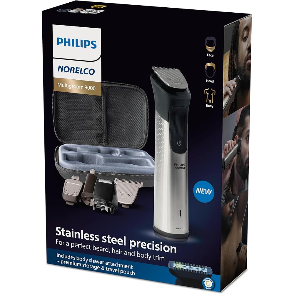 Philips Norelco Multigroom Series 9000-21 Piece Men's Grooming Kit for Beard, Body, face, Nose, Ear Hair Trimmer w/Premium Storage case, MG9510/60