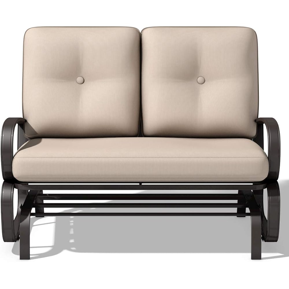 Giantex Outdoor Glider Bench, Patio 2 Person Loveseat with Removable Cushion, Thick Padded Seat, Stable Steel Frame, Outside Glider Swing Chair for Deck, Poolside, Yard, Balcony, Porch, Beige
