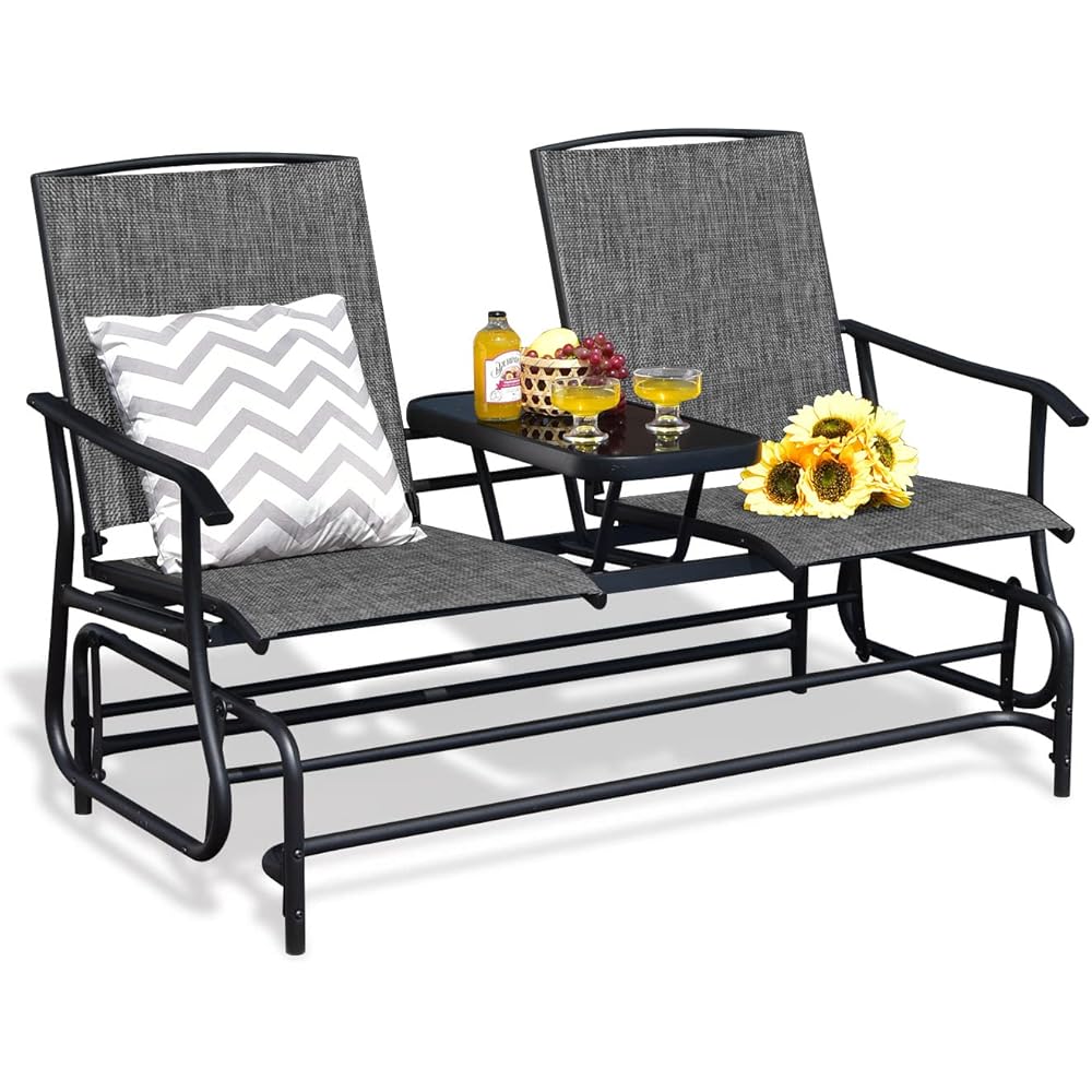FANTASK 2 Person Outdoor Glider Bench w/Tempered Glass Table, Swing Patio Glider Chair with Steel Frame &amp; Breathable Seat, Double Rocking Chair for Porch, Poolside, Patio, Garden (Grey)