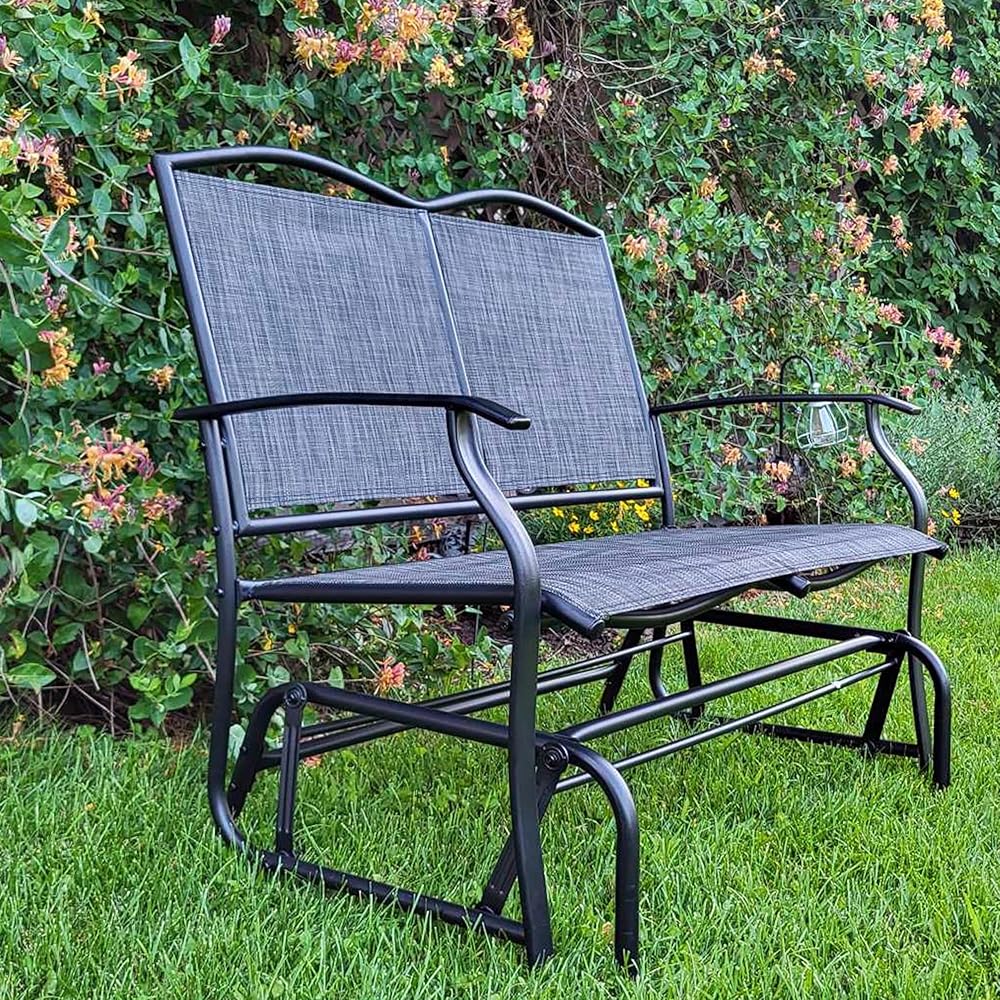 Backyard Expressions 2-Person Outdoor Glider Bench, Patio Double Swing Rocking Chair Loveseat w/Powder Coated Steel Frame for Backyard Garden Porch, Black Frame Heathered Grey Sling Fabric