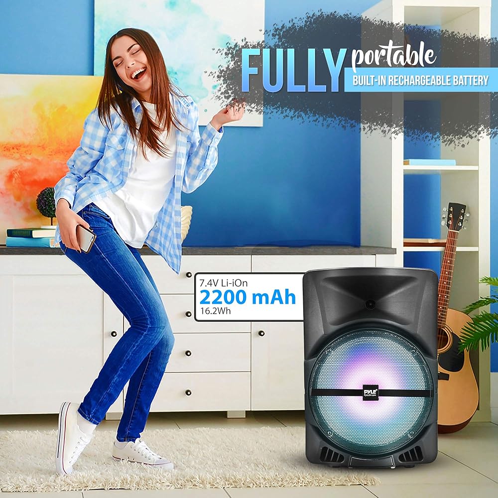 Pyle Wireless Portable PA Speaker System 800W Powered Bluetooth Indoor &amp; Outdoor DJ Stereo Loudspeaker with MP3 AUX 3.5mm Input, Flashing Party Light &amp; FM Radio-PPHP1244B,Black