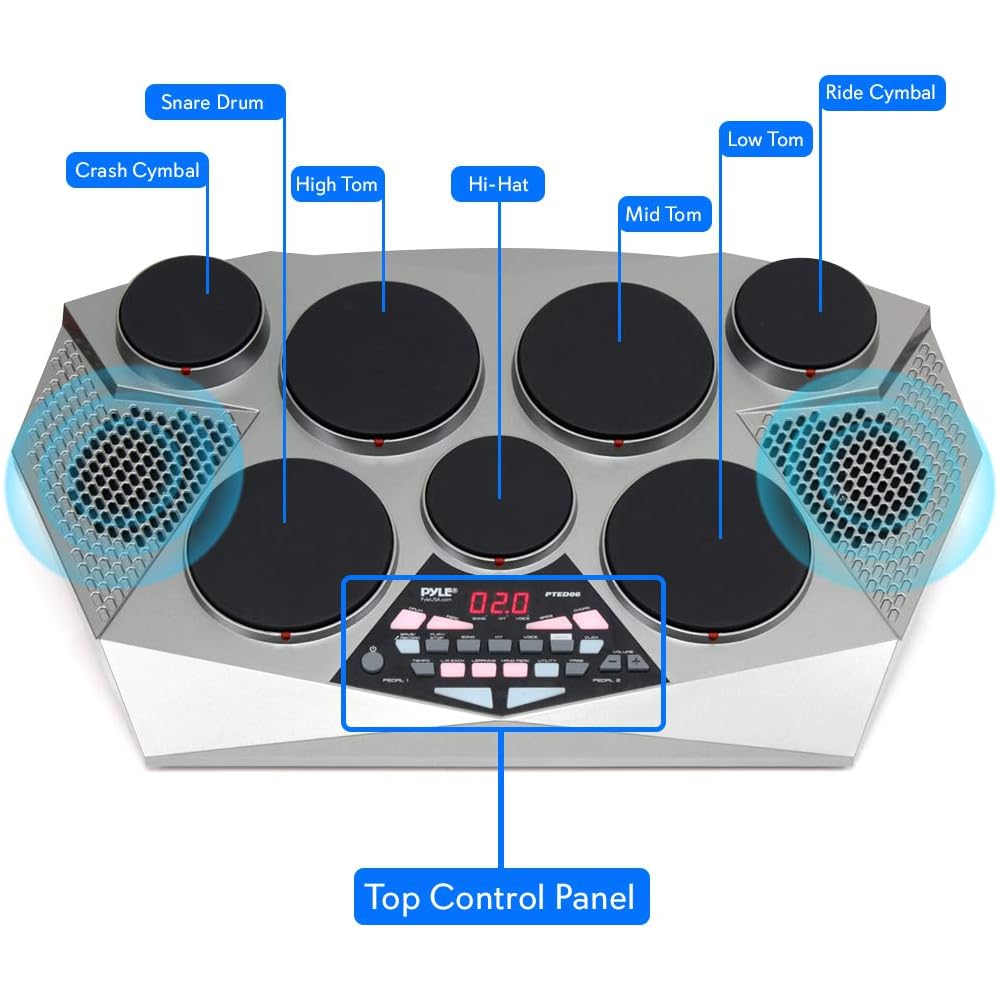 Pyle Pro Electronic Drum kit Portable Electric Tabletop Drum Set Machine with Digital Panel, 7 Drum Pad, Hi-Hat / Kick Bass Pedal Controller USB AUXTom Toms, Hi-Hat, Snare Drums, Cymbals PTED06