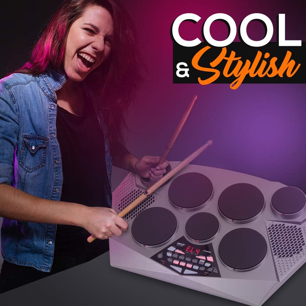 Pyle Pro Electronic Drum kit Portable Electric Tabletop Drum Set Machine with Digital Panel, 7 Drum Pad, Hi-Hat / Kick Bass Pedal Controller USB AUXTom Toms, Hi-Hat, Snare Drums, Cymbals PTED06