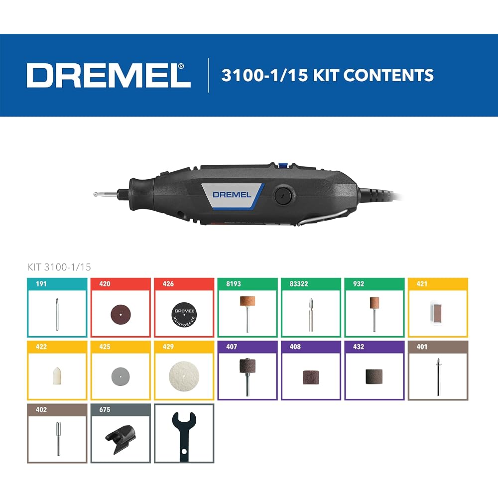 Dremel 3100-1/15 Variable Speed Rotary Tool Kit1 Attachment and 15 Accessories, Ideal for a Variety of Crafting and DIY ProjectsCutting, Sanding, Grinding, Polishing, Drilling, and Engraving