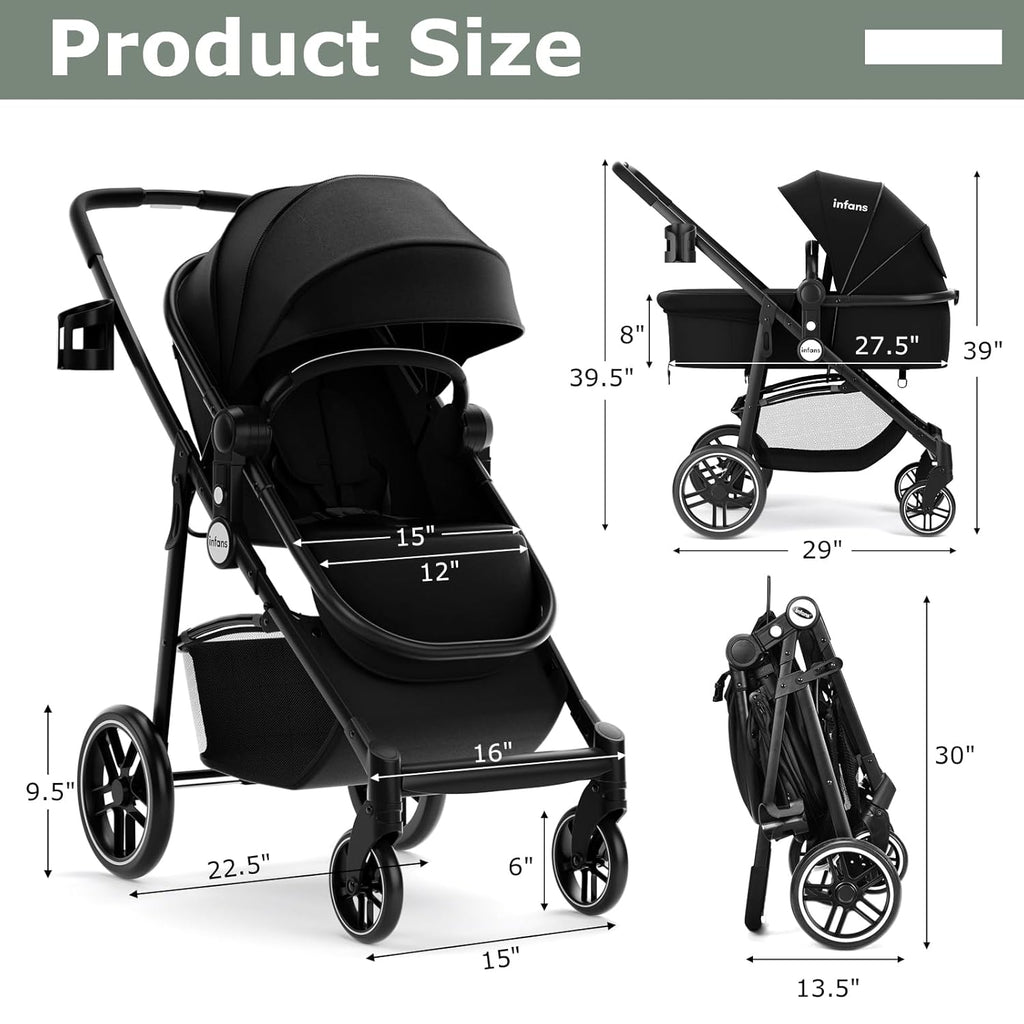 INFANS 2 in 1 Baby Stroller, High Landscape Infant Stroller &amp; Reversible Bassinet Pram, Foldable Pushchair with Adjustable Canopy, Storage Basket, Cup Holder, Suspension Wheels (Black)