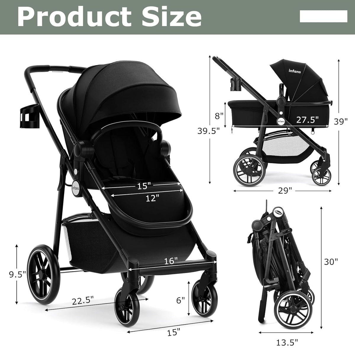 INFANS 2 in 1 Baby Stroller, High Landscape Infant Stroller &amp; Reversible Bassinet Pram, Foldable Pushchair with Adjustable Canopy, Storage Basket, Cup Holder, Suspension Wheels (Black)