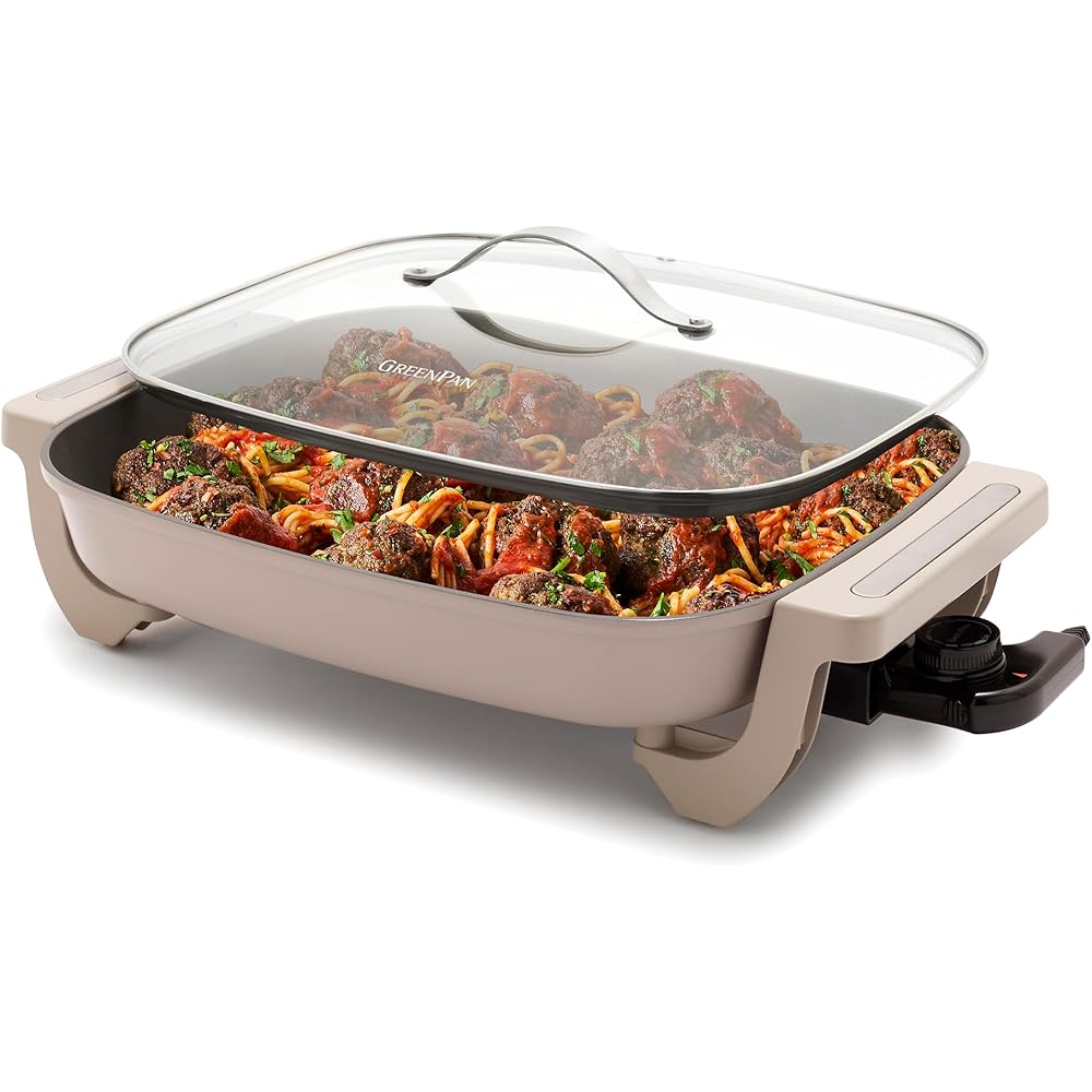 GreenPan Advanced 12” X 15” Electric Skillet with Lid, 7QT Capacity for Family Meals, Healthy Ceramic Nonstick PFAS-Free Coating, Fry, Sauté, Steam, Simmer, Sear, Stir Fry, Dishwasher Safe, Clay