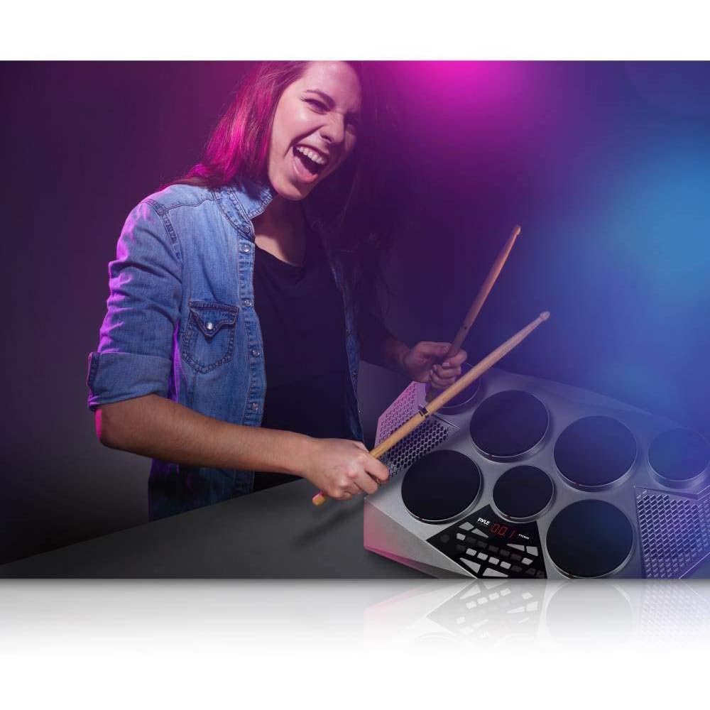 Pyle Pro Electronic Drum kit Portable Electric Tabletop Drum Set Machine with Digital Panel, 7 Drum Pad, Hi-Hat / Kick Bass Pedal Controller USB AUXTom Toms, Hi-Hat, Snare Drums, Cymbals PTED06