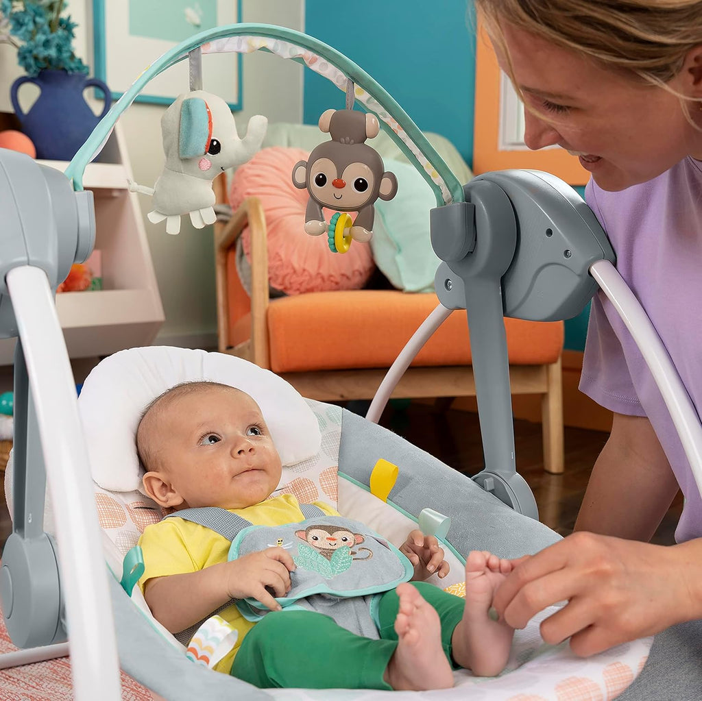 Bright Starts Portable Automatic 6-Speed Baby Swing with Adaptable Speed, Taggies, Music, Removable-Toy-Bar, 0-9 Months 6-20 lbs (Whimsical Wild)