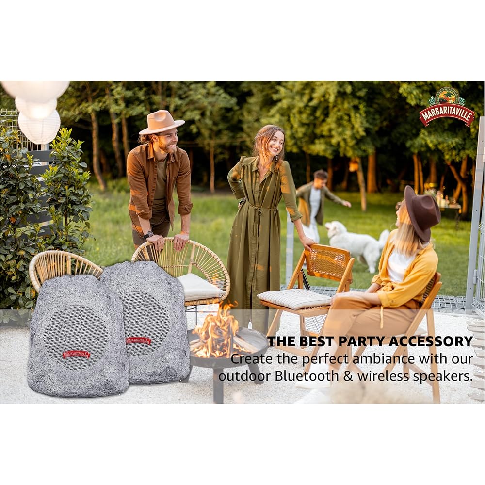 Margaritaville “On The Rock” Outdoor Bluetooth Wireless Speaker | Durable Bluetooth Speakers, Fantastic Yard or Patio Decor, IPX-4 Waterproof Rated, Granite Grey (Two Pack)