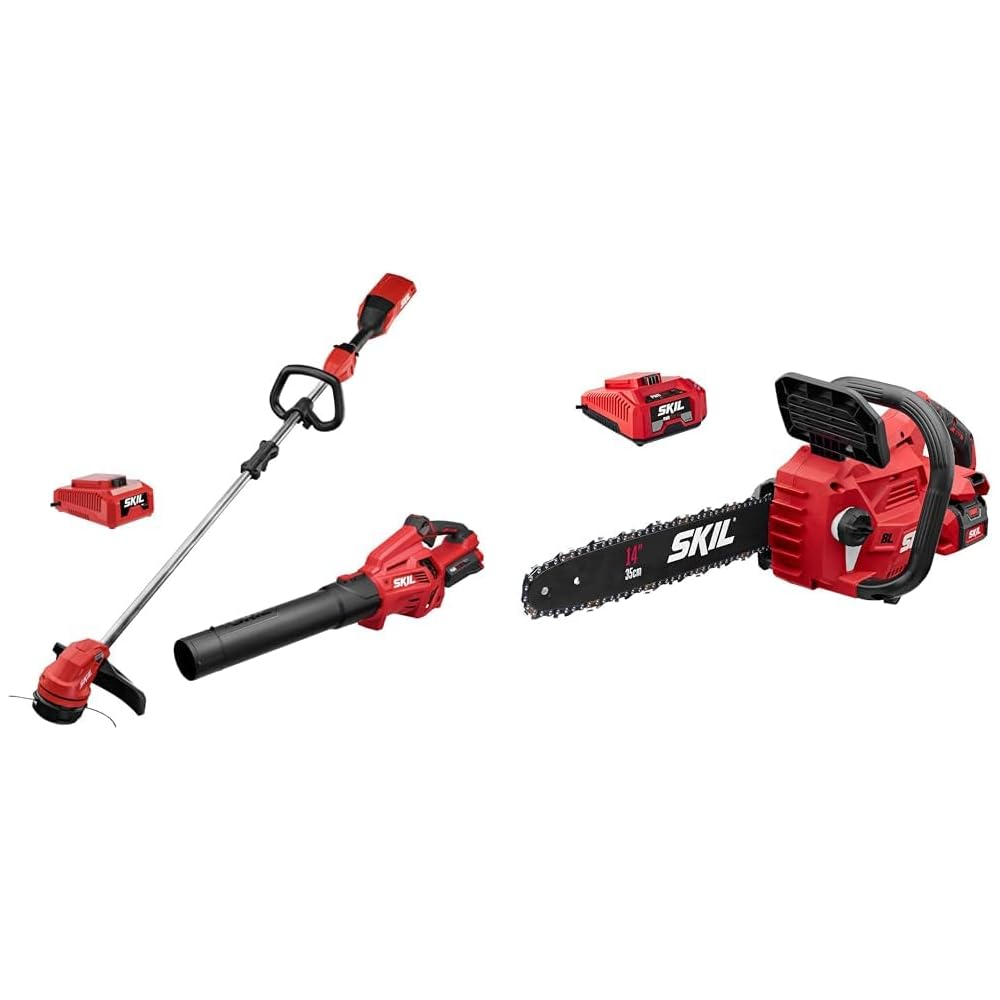 SKIL CB7478C-11 PWR CORE 40 Brushless 40V 14" String Trimmer &amp; PWR CORE 40 Brushless 40V 14” Lightweight Chainsaw Kit with Tool-Free Chain Tension &amp; Auto Lubrication